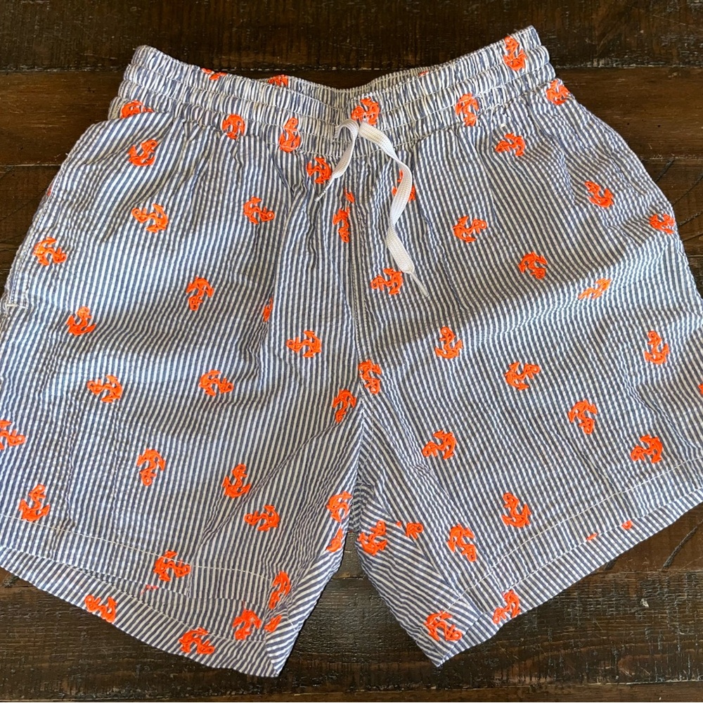 Chubbies Orange and Blue Swim Trunks with Playful anchor Design